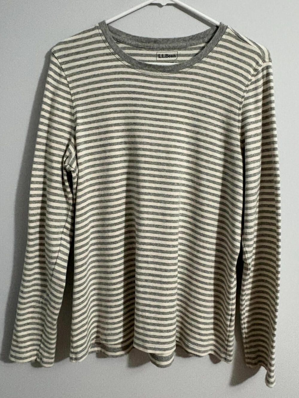 Classic LL Bean Women's Long Sleeve Striped Cotton T Shirt Top XL REG Gray Cream
